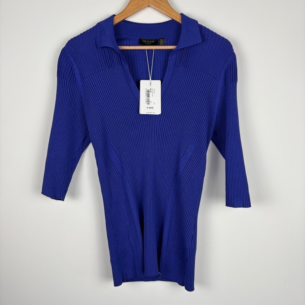 NWT Ted Baker Paige Blue Ribbed Polo Top - Picture 3 of 7